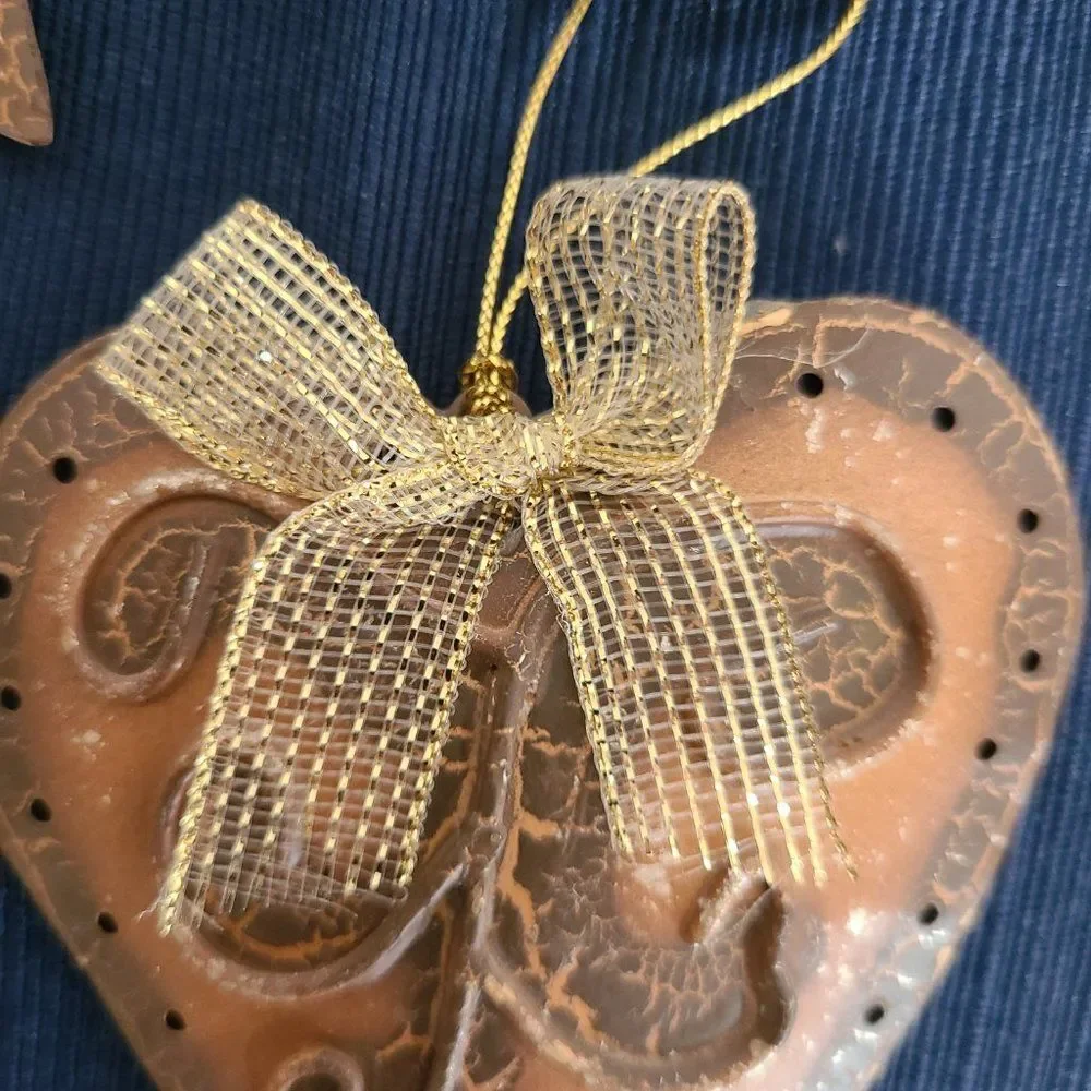 Vintage Textured Metal Holiday Christmas Tree Star Heart Ornaments Set Of Three